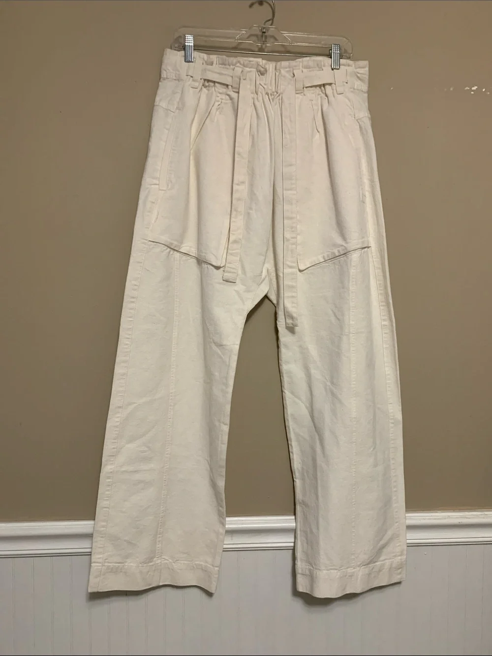 Free People Women’s Sky Rider Ecru Medium Straight Leg Paper-bag Pants Baggy